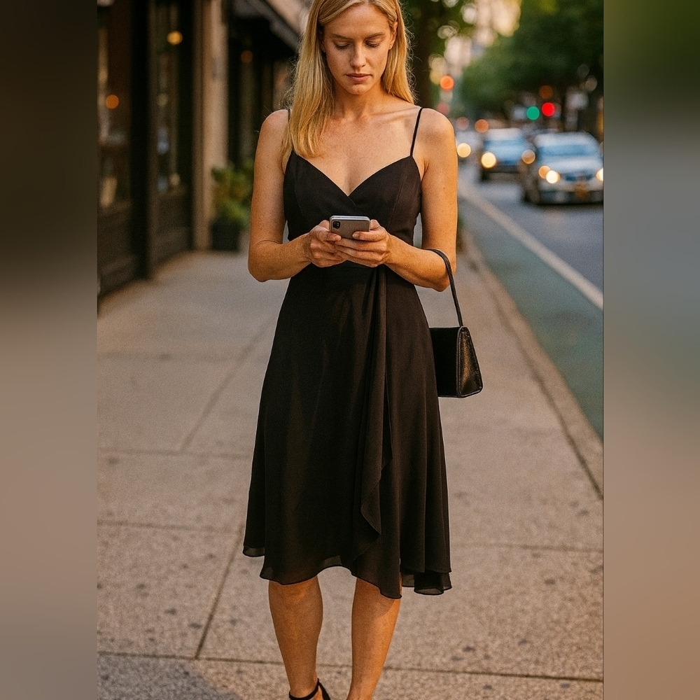 Black Asymmetrical Dress. Satin Waist. Flowy Hem. Size 8. Spaghetti Staps - Picture 3 of 7